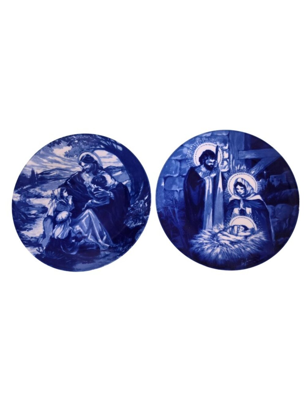 Avon Cobalt Blue White Porcelain Collector Plates Lot of 2 Holy Family Children